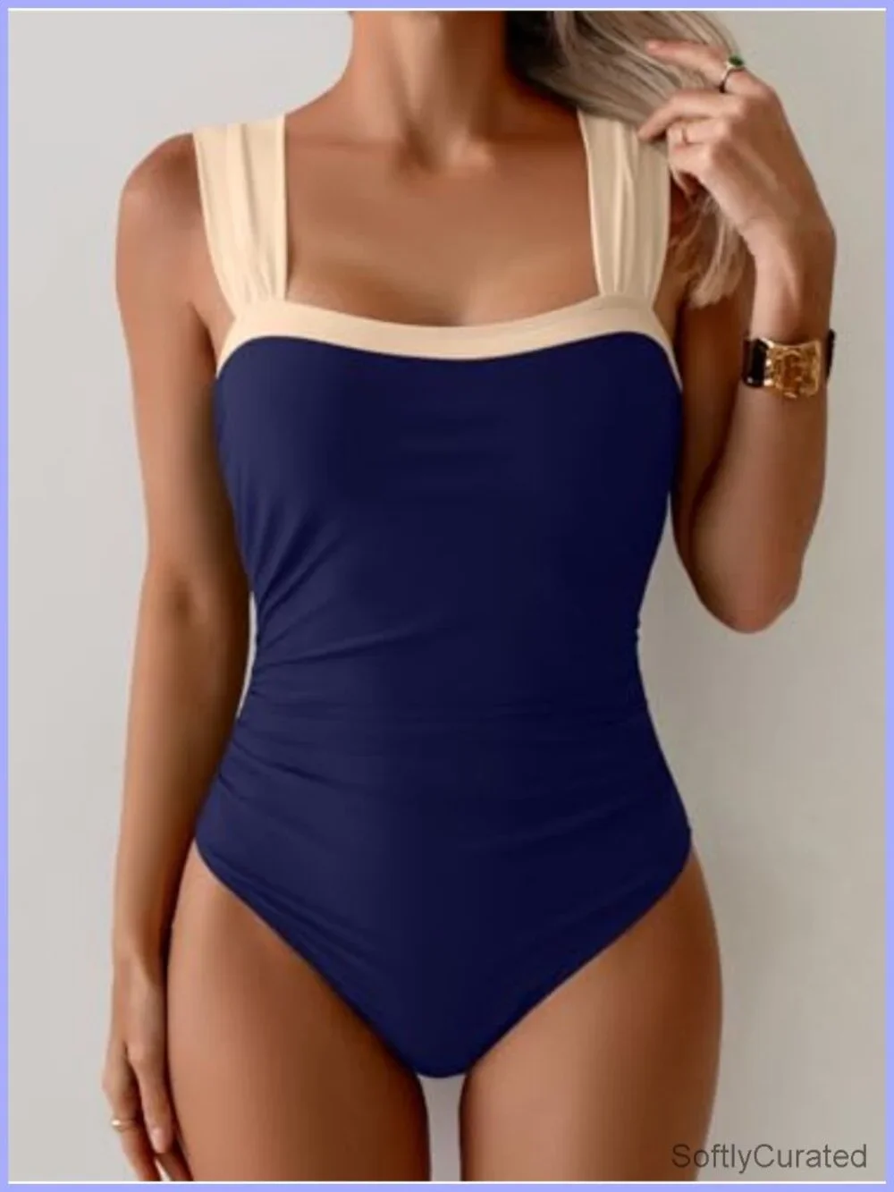 One Piece Swimsuit Tummy Control Ruched Color Block